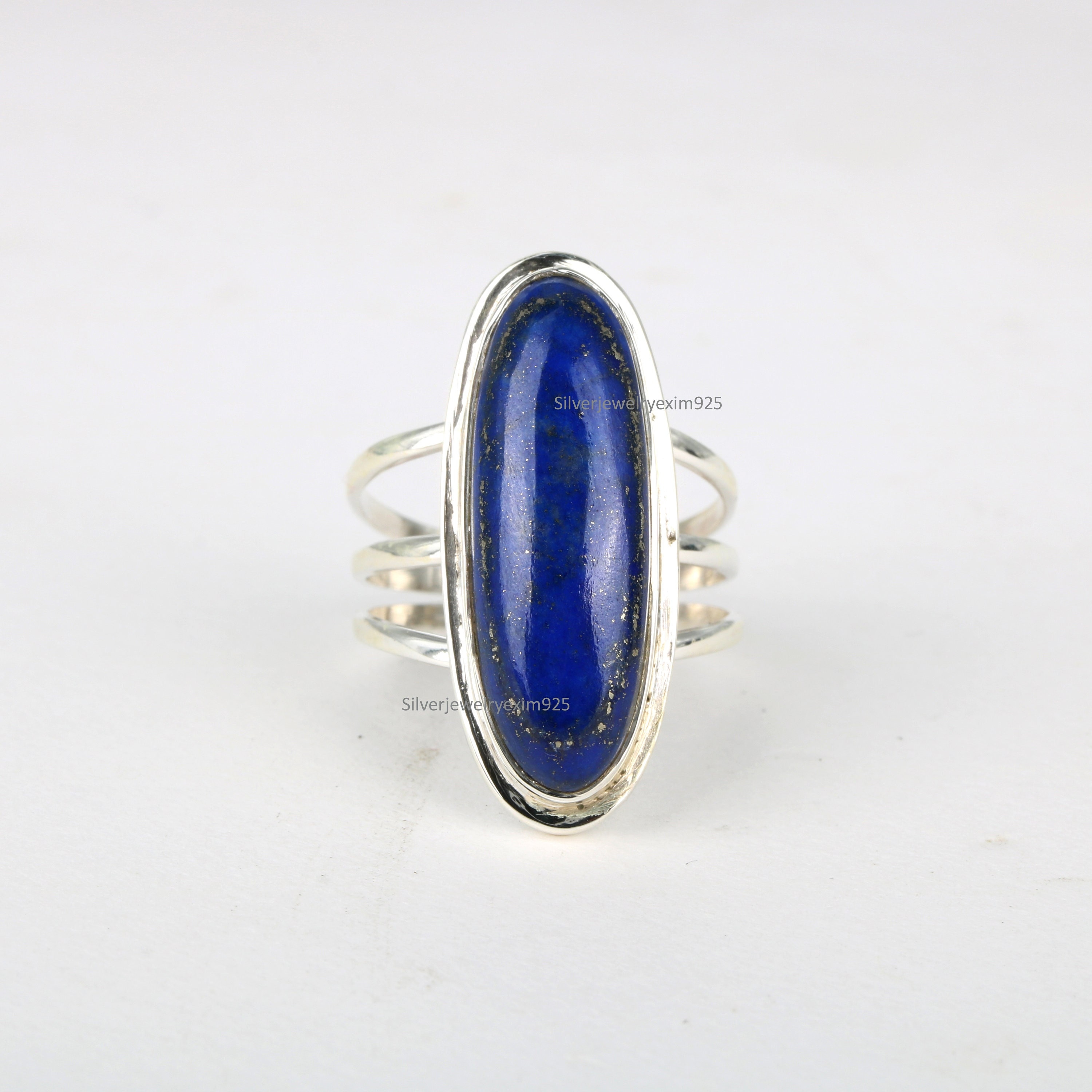 Bohemian Lapis Lazuli Ring, 925 Sterling Silver, Long Oval Stone Bohemian Lapis Lazuli Ring, 925 Sterling Silver, Long Oval Stone