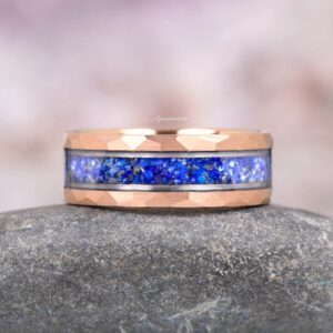 Crushed Natural Lapis Lazuli Rose Gold Wedding Band- 8mm Hammered Tungsten Carbide Ring Womens Mens Wedding Ring- Comfort-Fit Dome Brushed