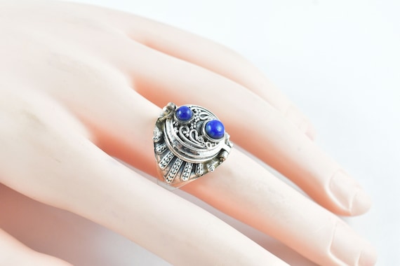 Lapis Lazuli Gemstone Sterling Silver Poison Box Ring, Size 7.5