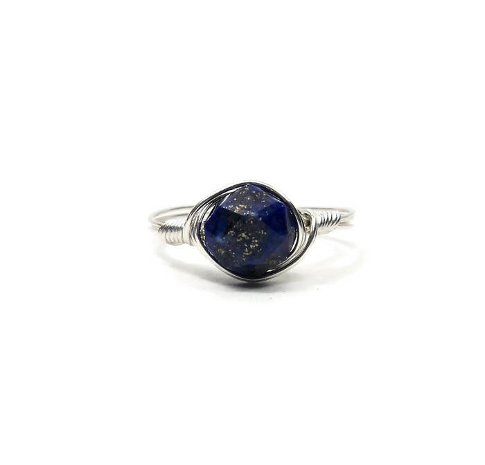 Lg Blue Lapis Lazuli Star Facet .999 Fine Silver Wire Wrapped Ring Custom Sized