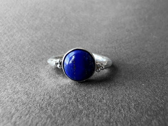 Natural Hammered Lapis Lazuli Stone Silver Ring, Navy Blue Pyrite Included Lapis Stone Ring, Lapis Lazuli Ring Size 7, Lapis Lazuli Jewelry