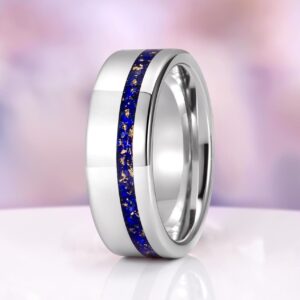 Natural Lapis Lazuli Mens Wedding Band- 8MM Tungsten Carbide Ring-  Silver Polished Minimalist Unique Anniversary Promise Ring For Him