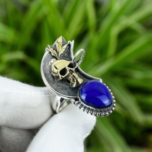 Lapis Lazuli Skull Ring: Handmade 925 Sterling Silver Adjustable Statement Ring