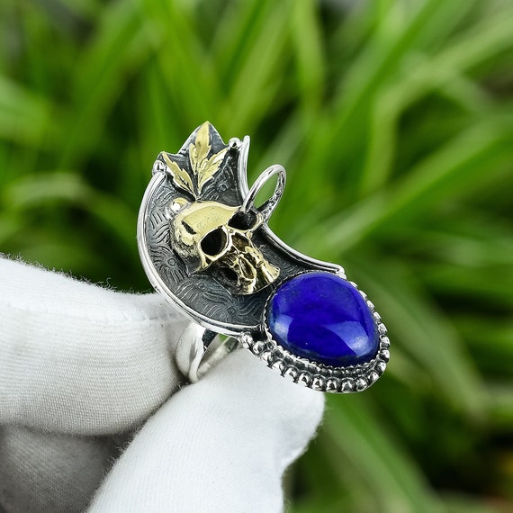 Lapis Lazuli Skull Ring: Handmade 925 Sterling Silver Adjustable Statement Ring