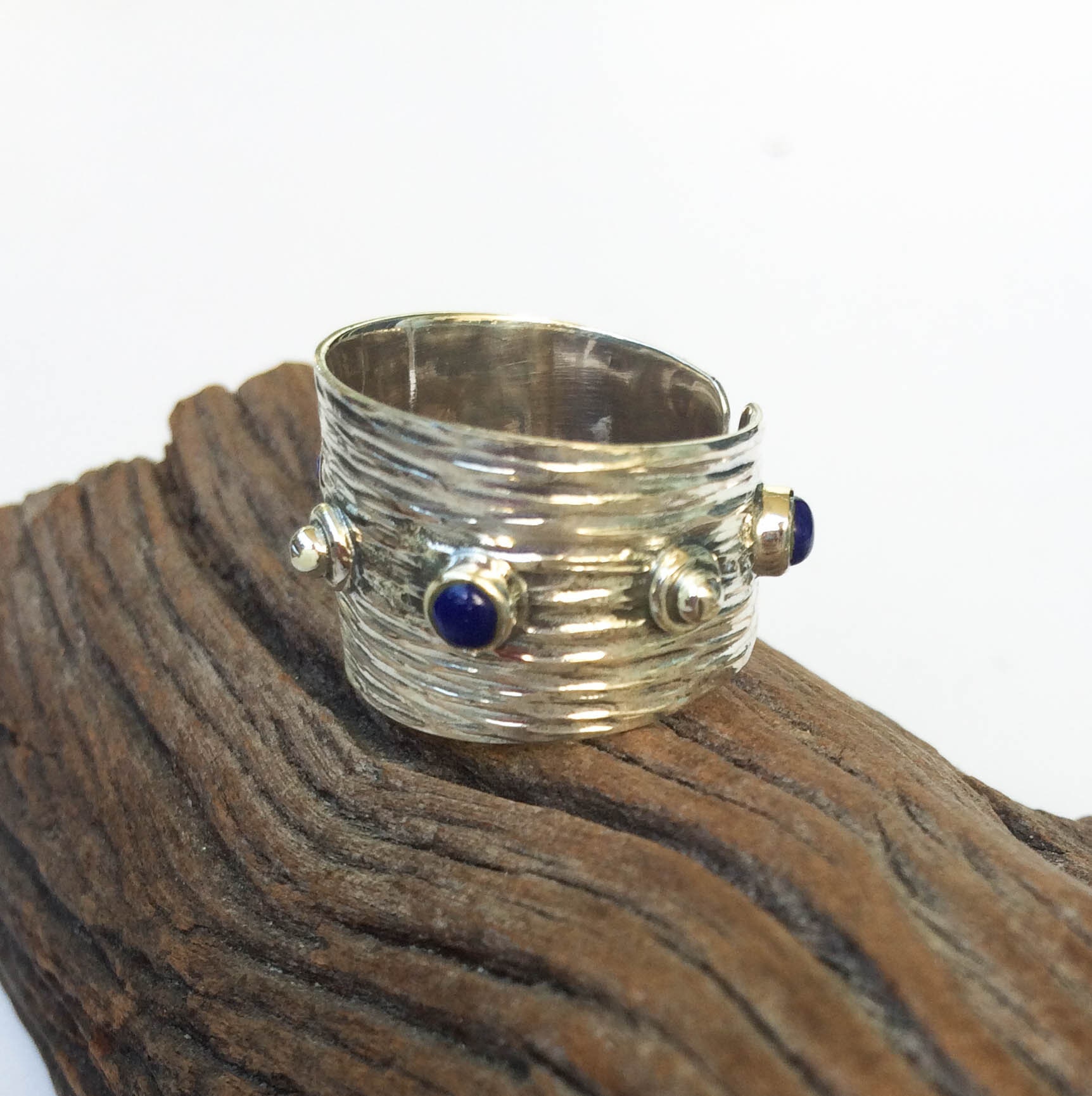 Wide Silver Lapis Lazuli Ring, Wide Sterling Silver Ring, Open Silver Ring, Natural Lapis Ring, Texture, Tiny Blue Lapis, Big Silver Ring,