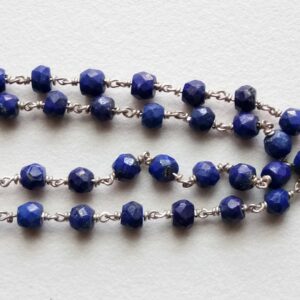3mm Lapis Lazuli Wire Wrapped Faceted Rondelle Beads, Chain By The Foot, Rosary Style Beaded Chain, 925 Silver (1 Foot To 5 Feet Options)
