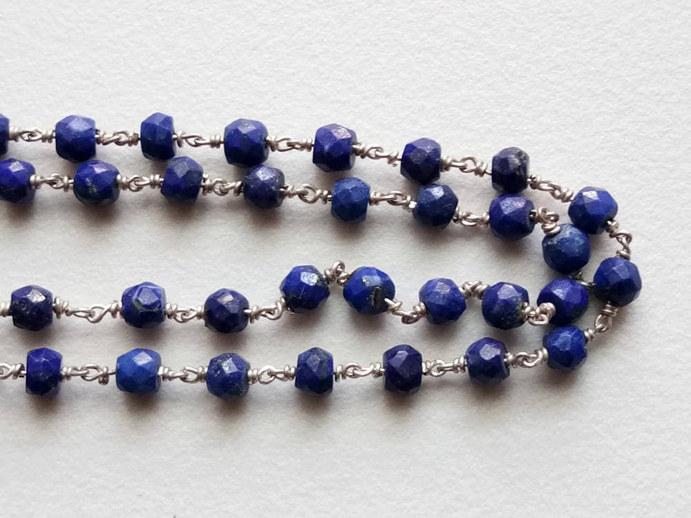 3mm Lapis Lazuli Wire Wrapped Faceted Rondelle Beads, Chain By The Foot, Rosary Style Beaded Chain, 925 Silver (1 Foot To 5 Feet Options)