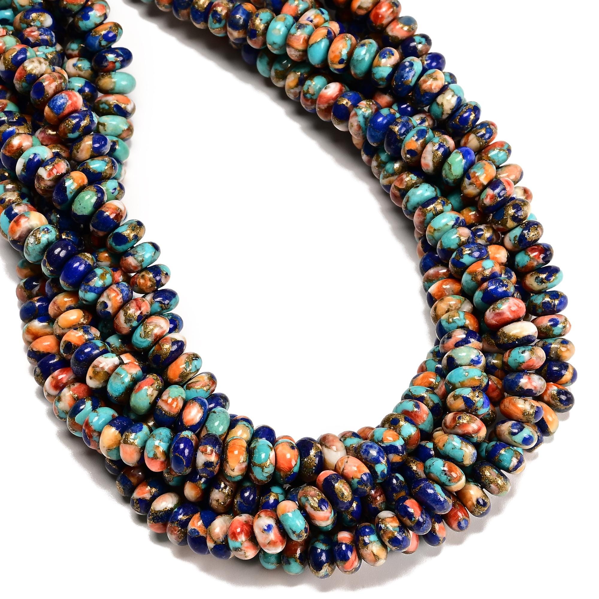 Spiny Oyster Lapis Mohave Copper Turquoise Smooth Rondelle Beads 4x6mm 15.5''str Spiny Oyster Lapis Mohave Copper Turquoise Smooth Rondelle Beads 4x6mm 15.5''str