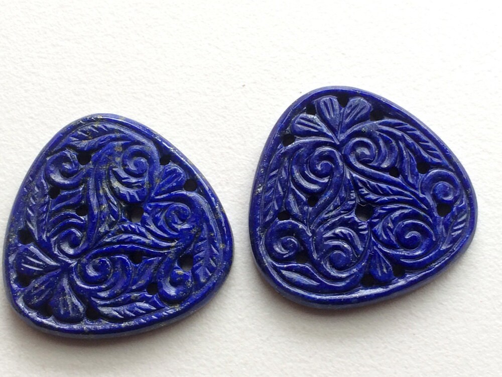 Lapis Lazuli Matched Pair 34mm For Jewelry– Hand Carved Filigree Blue Gemstone - Godp707