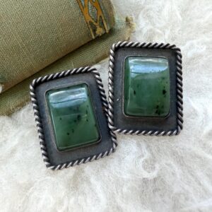 Large Vintage Sterling Silver & Green Gemstone Cuff-Links