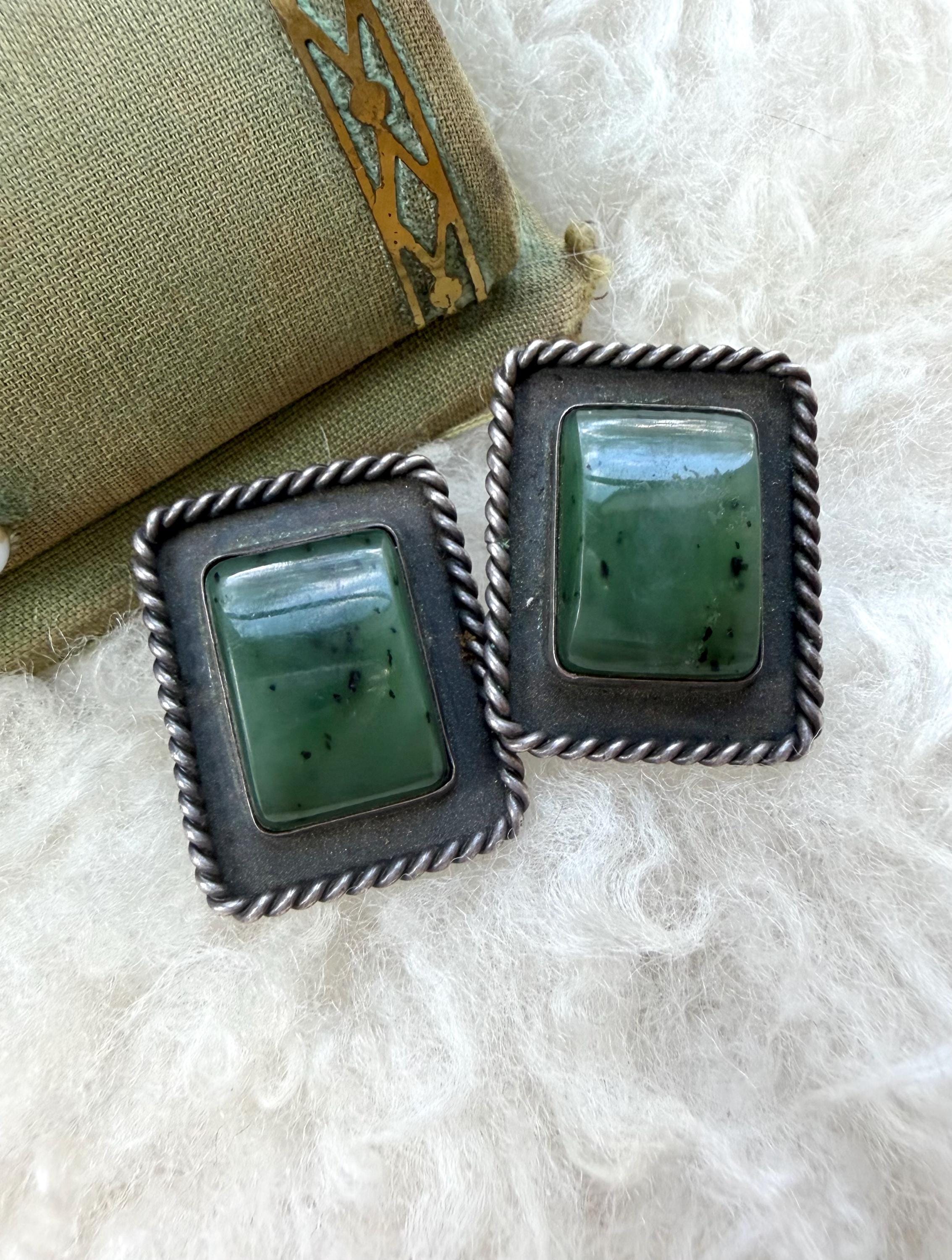 Large Vintage Sterling Silver & Green Gemstone Cuff-links