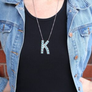 Large Western Stamped Silver and Turquoise Letter Necklace-Personalized Western Gifts-Initial Pendant Statement Necklace-Layering Necklace