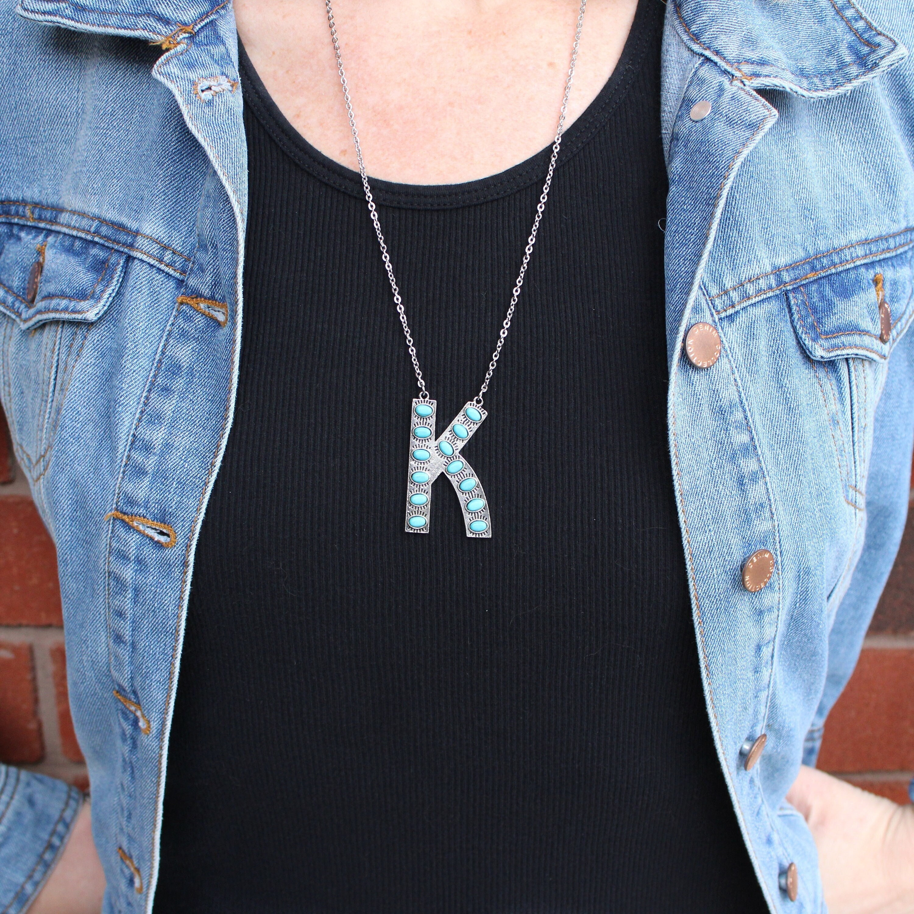 Large Western Stamped Silver And Turquoise Letter Necklace-personalized Western Gifts-initial Pendant Statement Necklace-layering Necklace