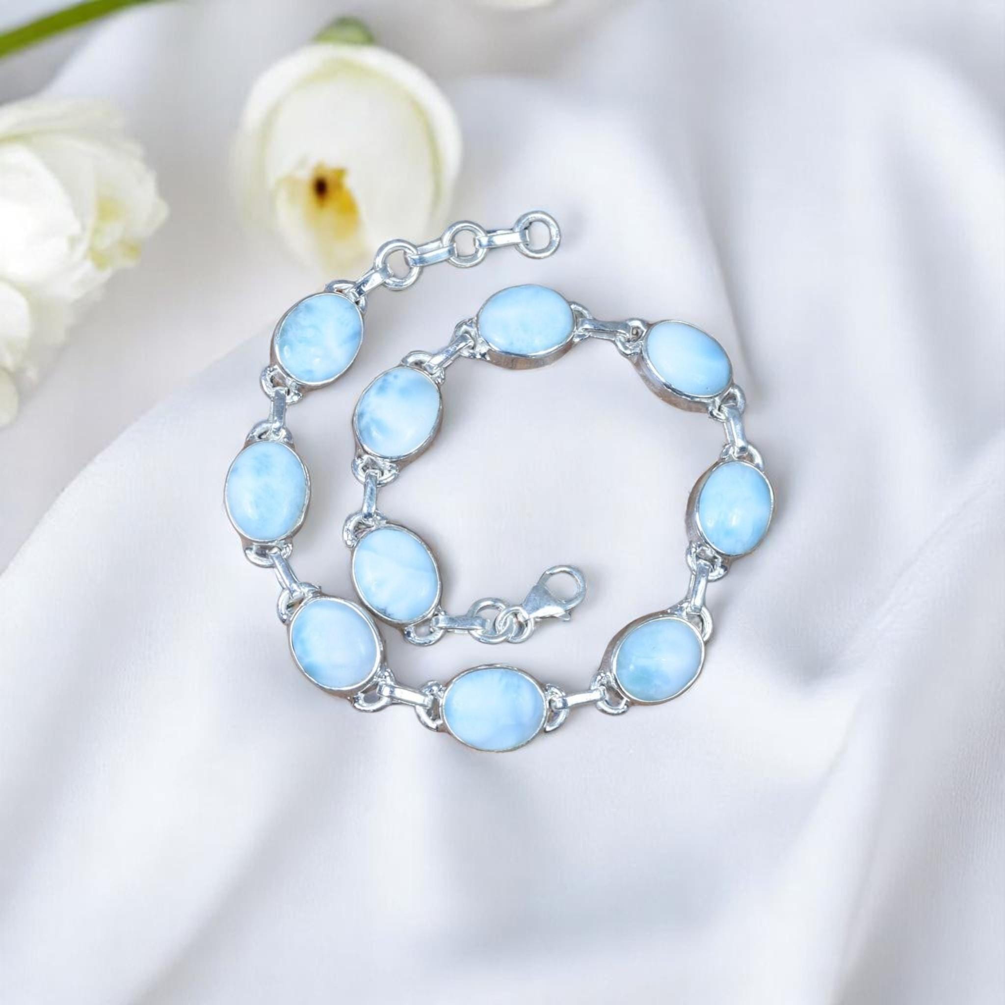 Larimar Bracelet: 925 Sterling Silver, Ten Stone Oval Gemstone Larimar Bracelet: 925 Sterling Silver, Ten Stone Oval Gemstone