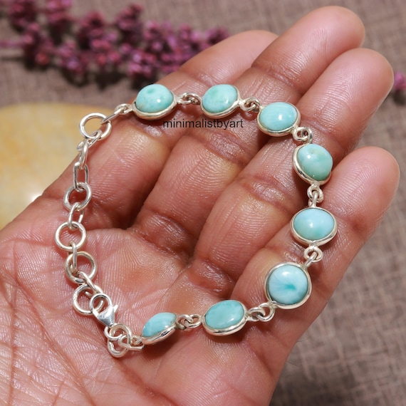 Larimar Bracelet: 925 Sterling Silver Blue Gemstone Chain