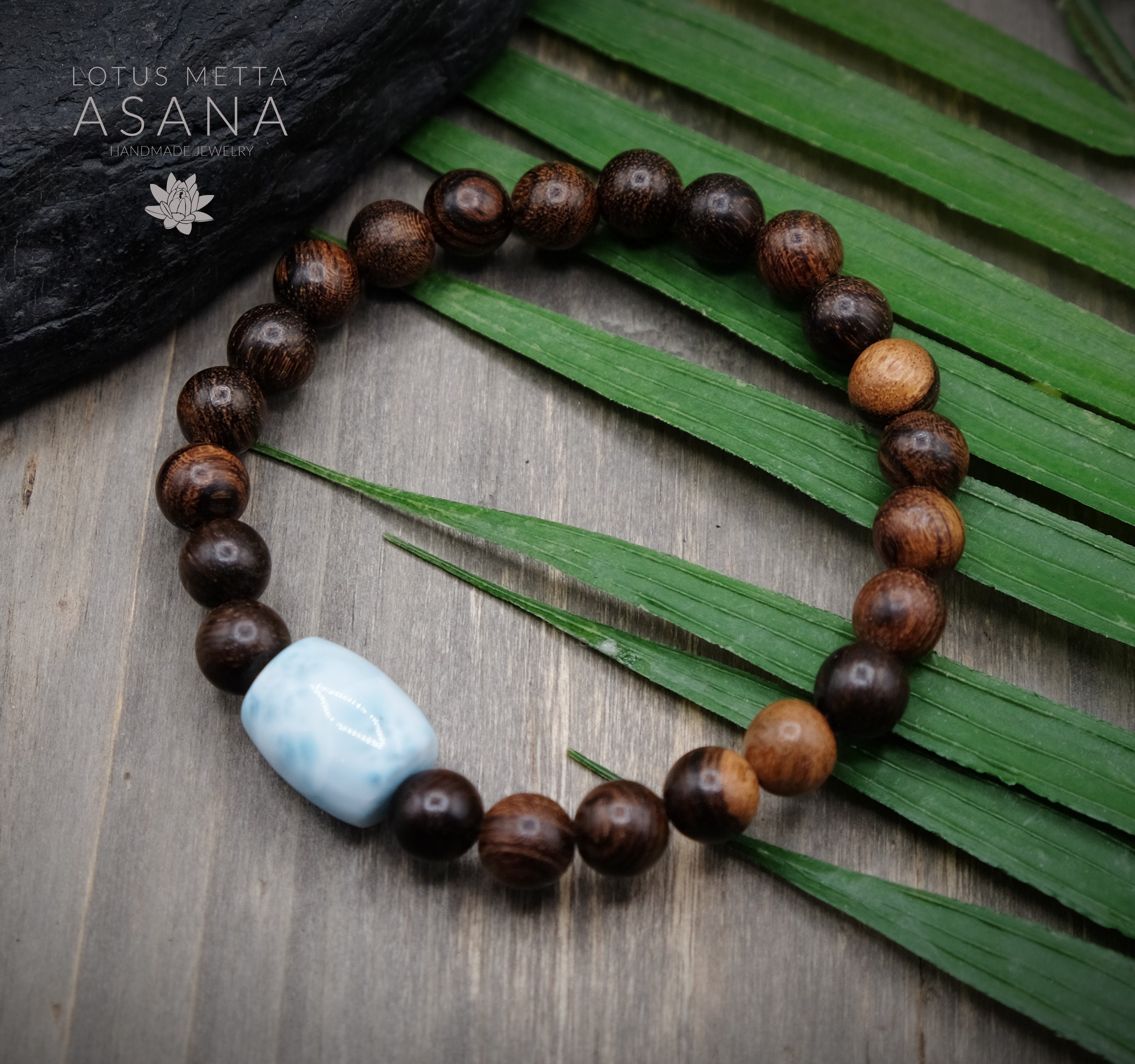 Aaa Larimar Barrel, 8mm Wood Bracelet Boho Beach Dominican Republic