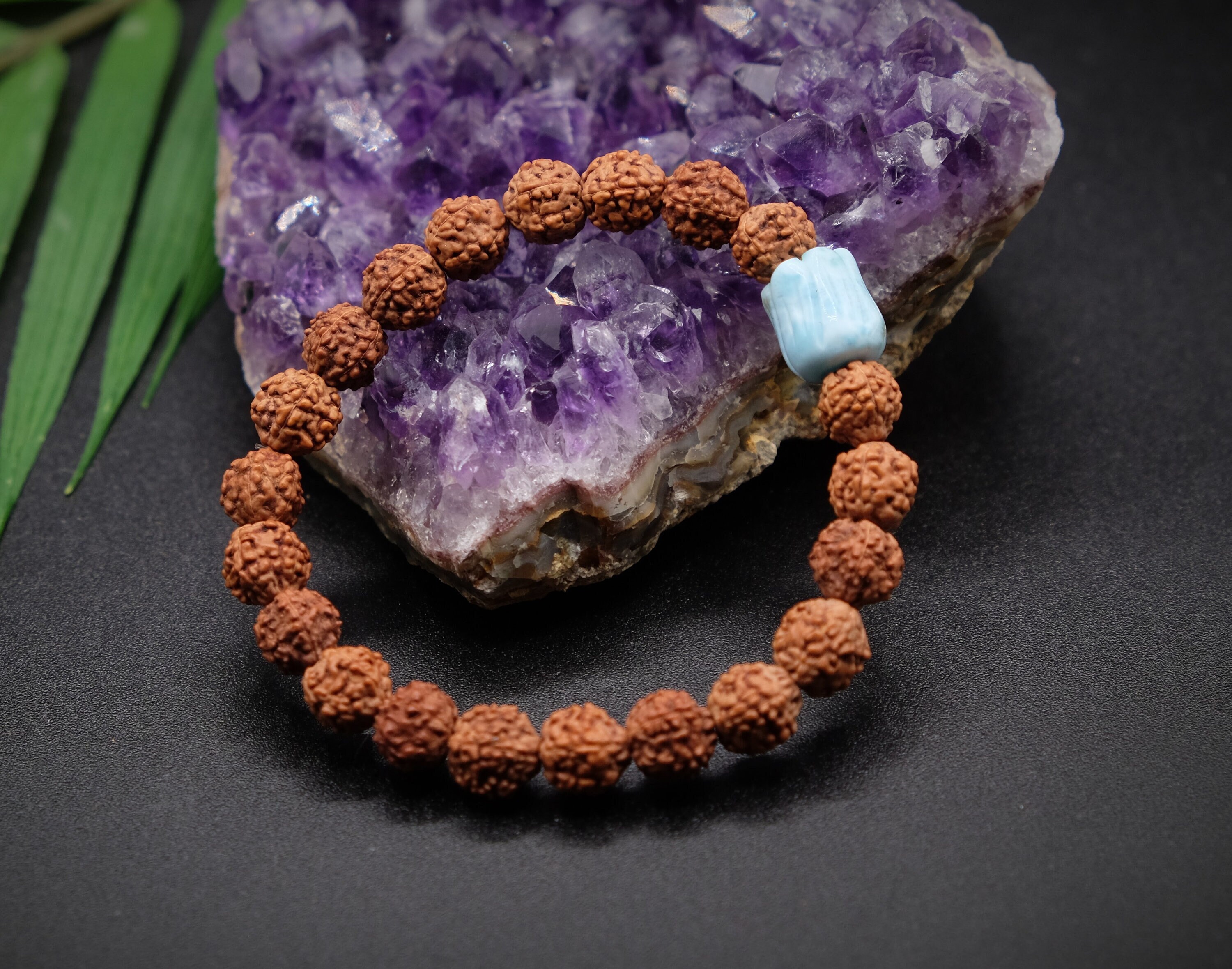 Aaa+ Carved Flower Larimar 9mm Rudraksha Bead Stretch Bracelet