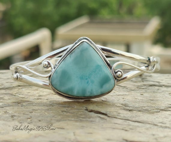 Adjustable Larimar Cuff Bangle: Handmade 925 Sterling Silver Adjustable Larimar Cuff Bangle: Handmade 925 Sterling Silver