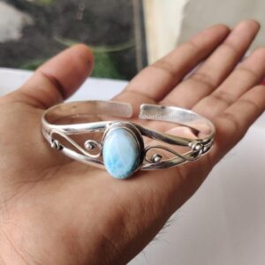 Larimar Bangle: Solid 925 Sterling Silver Oval Gemstone Handmade Bangle