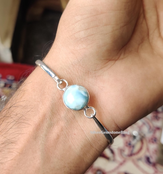 Blue Larimar Bangle: Handmade Bangle, 925 Sterling Silver Adjustable Gemstone Jewelry