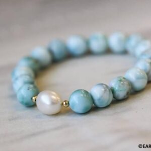 C6.0" / Larimar 10mm Round Bracelet Set Natural Gemstone Beaded Bracelet Elastic