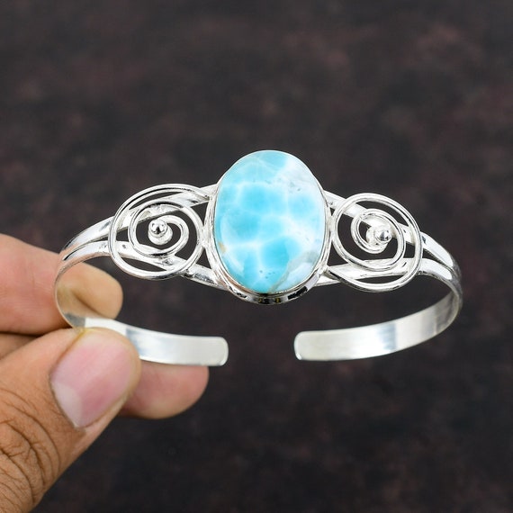 Larimar Cuff Bracelet: Adjustable Sterling Silver Bangle, Handmade Gemstone Jewelry