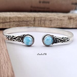 Larimar Cuff Bangle: Round Gemstone, 925 Sterling Silver, Adjustable