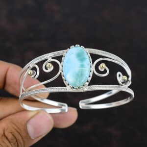 Larimar Cuff Bracelet: Handmade 925 Sterling Silver Adjustable Bangle