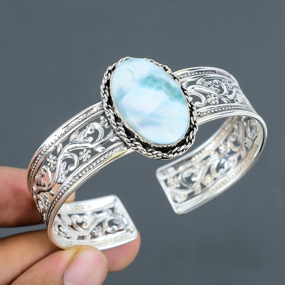 Larimar Cuff Bracelet: Handmade 925 Sterling Silver Bangle Larimar Cuff Bracelet: Handmade 925 Sterling Silver Bangle