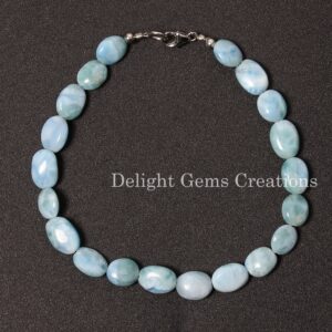 Dominican Larimar Smooth Oval Nuggets Bracelet, 9x7-11.75 Mm Blue Larimar Smooth Tumble Bracelet, Aaa Larimar Beaded Bracelet 6-9 Inches