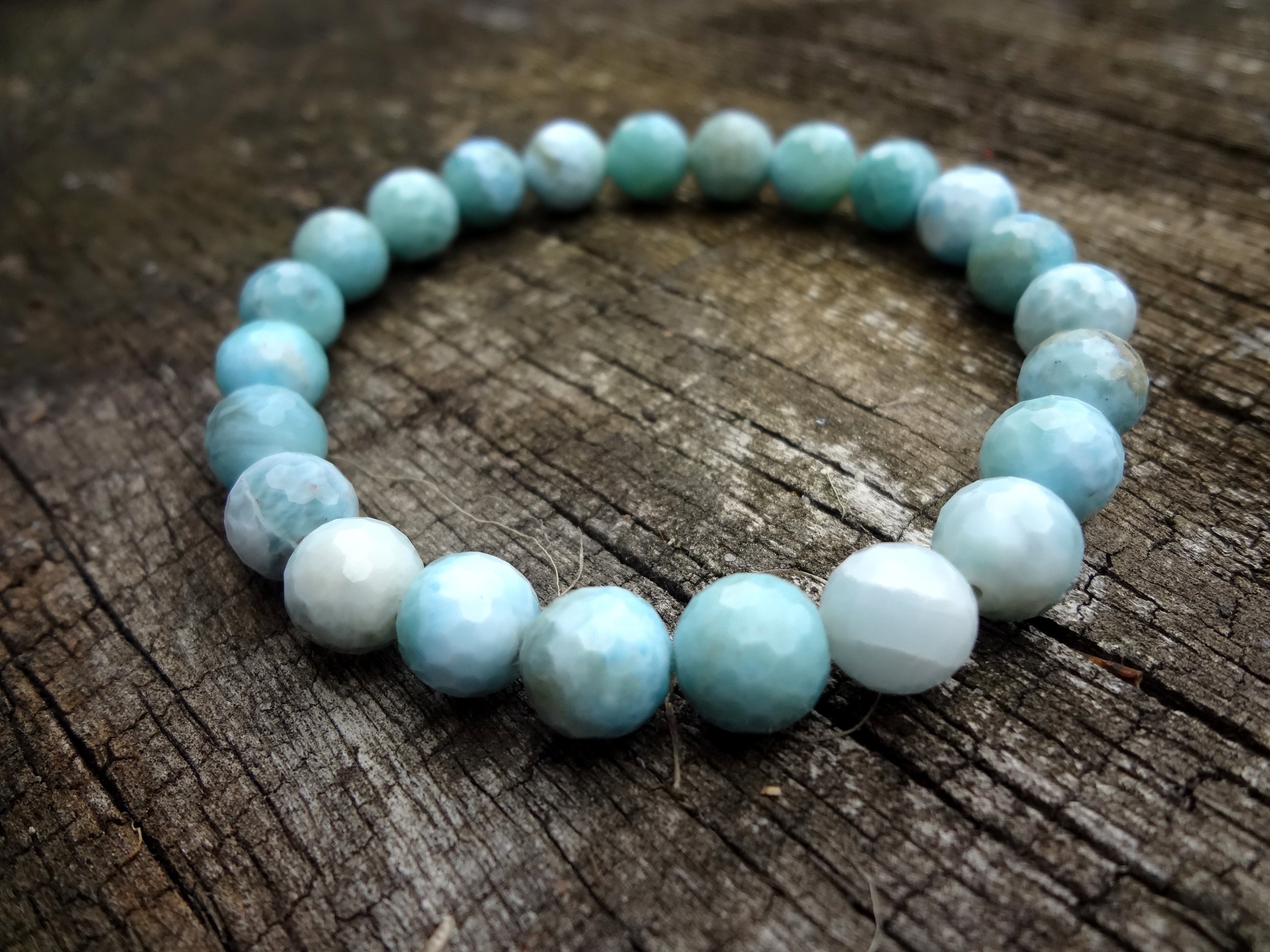 Faceted Larimar Bracelet. Natural Sky Blue Gemstone Stretch Bracelet Handmade In Australia By Miss Leroy.