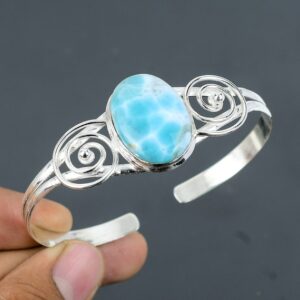 Larimar Gemstone Bangle: Handmade 925 Sterling Silver Adjustable Cuff