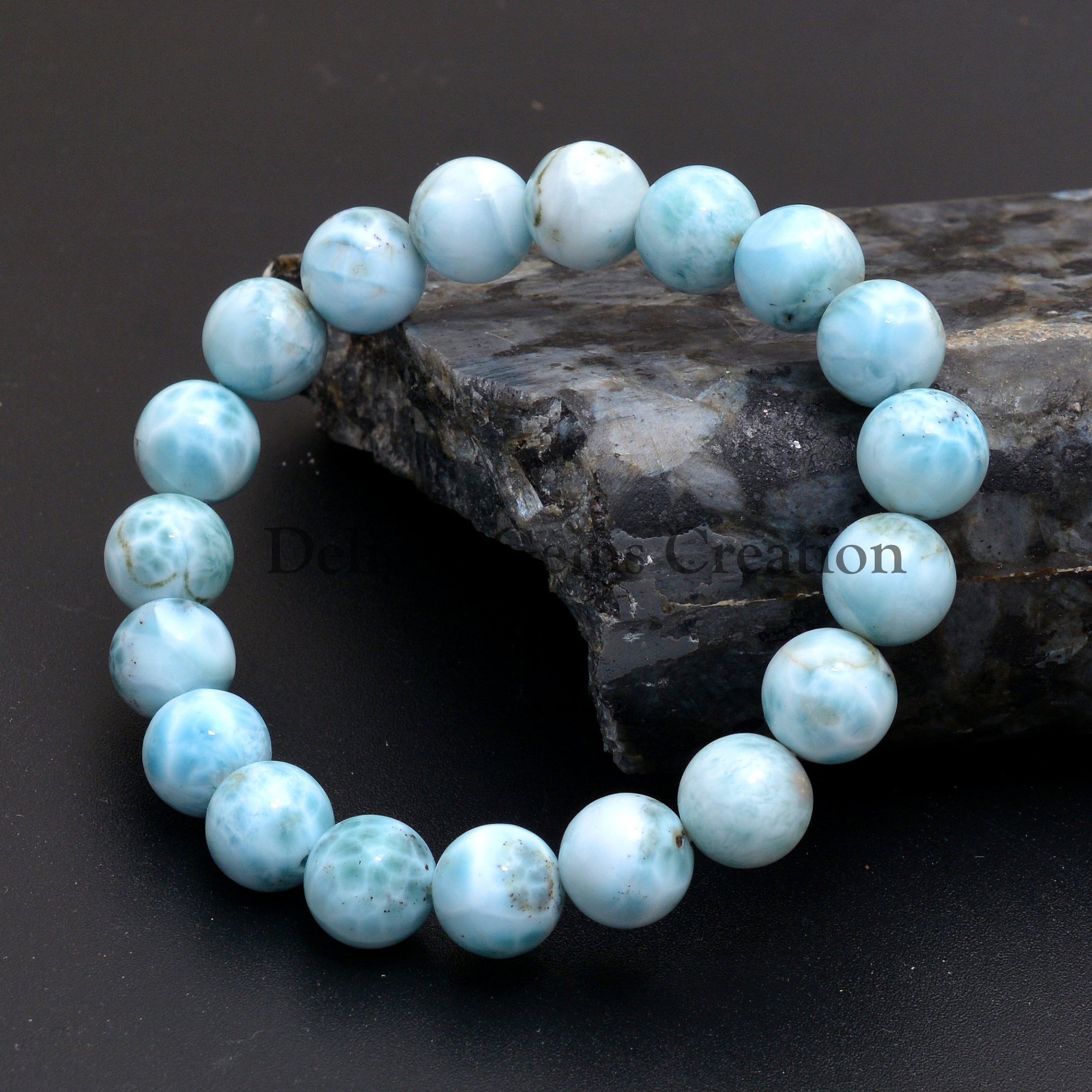 Genuine Larimar Stretch Bracelet, 10mm Round Beads, Yoga Jewelry