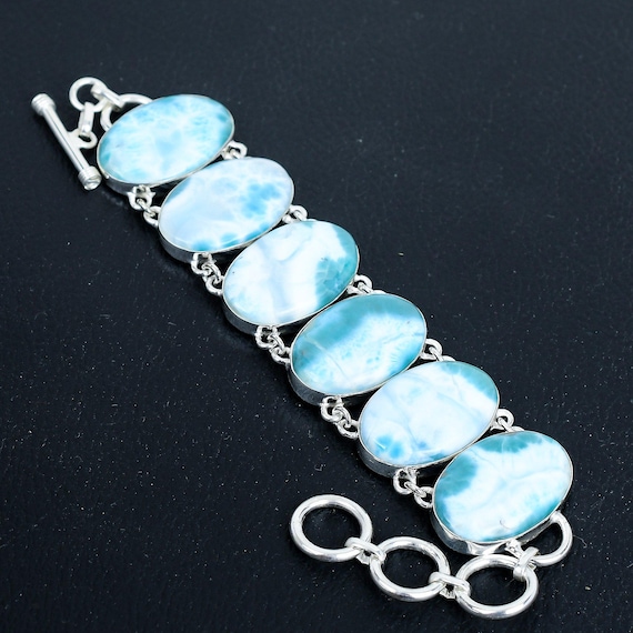 Handmade Larimar Bracelet: 925 Sterling Silver Adjustable Gemstone Jewelry