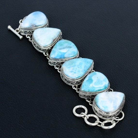 Handmade Larimar Bracelet: 925 Sterling Silver Adjustable Chain