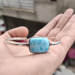 Handmade Larimar Bangle: 925 Sterling Silver Cuff With 18k Gold Butterfly