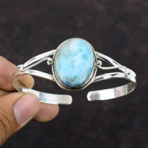 Handmade Larimar Bangle: 925 Sterling Silver Cuff Bracelet