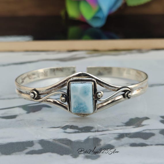 Handmade Larimar Bangle: Adjustable 925 Sterling Silver Cuff
