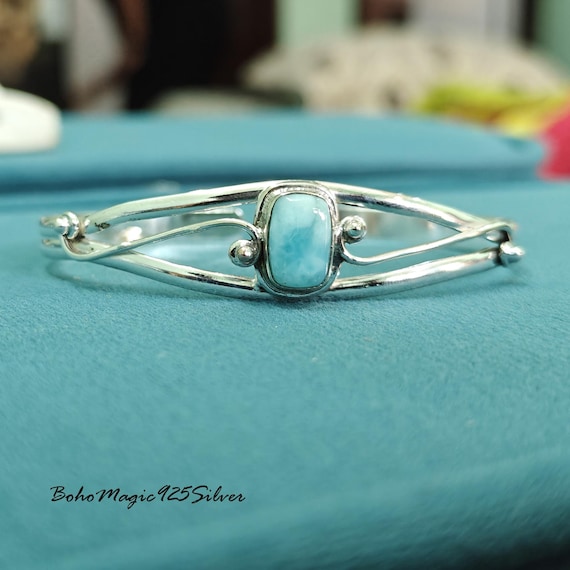 Handmade Larimar Bangle: Adjustable Sterling Silver Cuff Bracelet