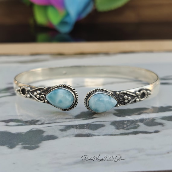 Handmade Larimar Bangle: Teardrop 925 Sterling Silver Cuff