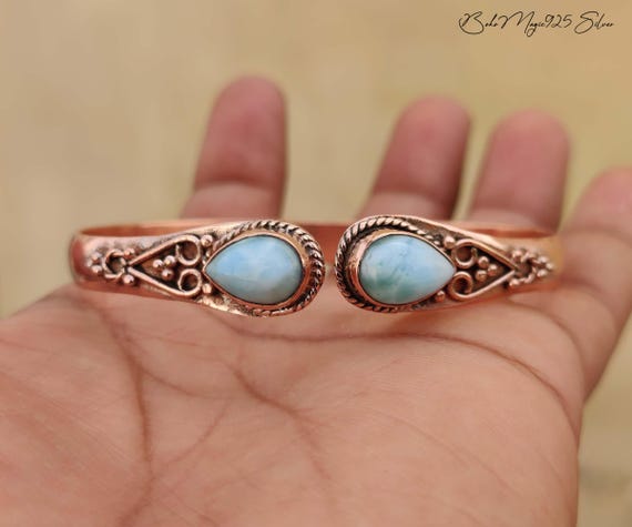 Handmade Larimar Copper Bangle: Double Stone Women's Jewelry
