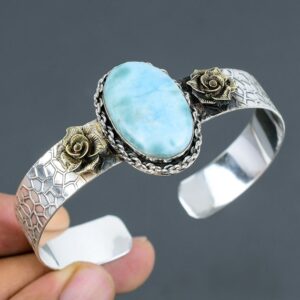 Handmade Larimar Cuff Bracelet: 925 Sterling Silver, 18k Gold Plated