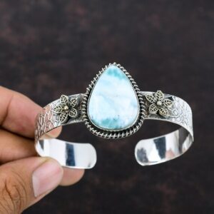 Handmade Larimar Cuff Bracelet: 925 Sterling Silver, 18k Gold Plated