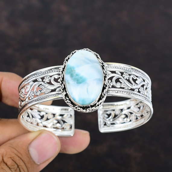 Handmade Larimar Cuff Bracelet: Adjustable Sterling Silver Bangle