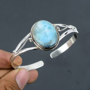 Handmade Larimar Cuff Bracelet: Adjustable Sterling Silver Bangle