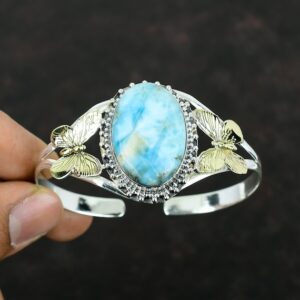 Handmade Larimar Cuff Bracelet: Sterling Silver 18k Gold Plated Butterfly Bangle