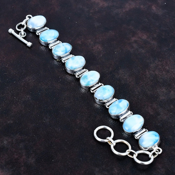 Handmade Larimar Bracelet: Elegant 925 Sterling Silver Adjustable Chain