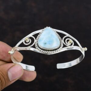 Handmade Larimar Gemstone Bangle: 925 Sterling Silver, 18k Gold Plated Cuff