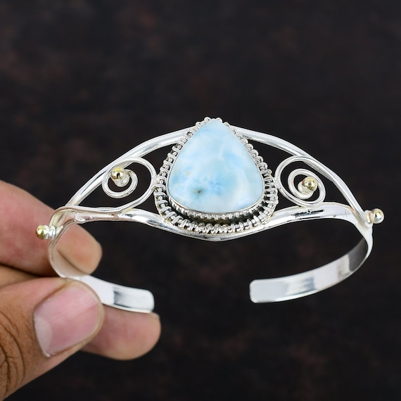 Handmade Larimar Gemstone Bangle: 925 Sterling Silver, 18k Gold Plated Cuff