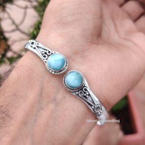 Handmade Larimar Gemstone Bangle: 925 Sterling Silver Adjustable Jewelry